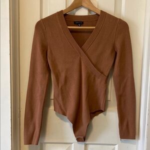 Dynamite Asymmetrical Wrap Bodysuit in Brown
